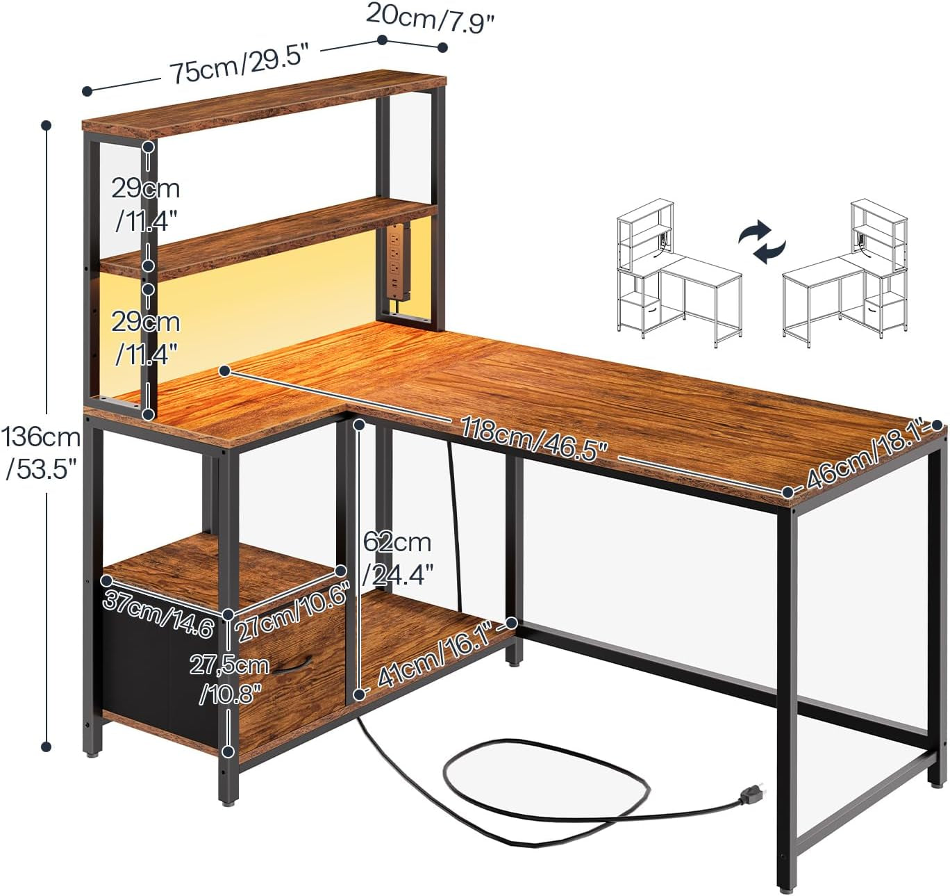 L Shaped Gaming Desk, 46 Inch Reversible Computer Desk with LED Light & Power Outlet, Office Desk with Storage Shelves & Drawer, for Home Office, Study, Rustic Brown and Black BF18UDDN01