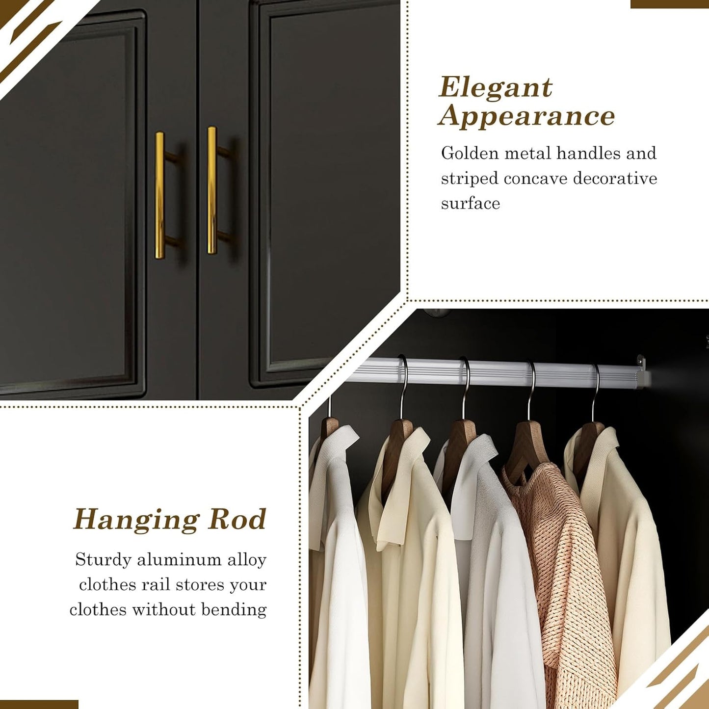 Large Armoire Wardrobe Closet Cabinet with Drawers and LED Lights, Multi-Tier Shelves, Hanging Rod, Large Capacity Storage 3 Door Wardrobe Armoire with Top Cabinet for Bedroom, Black