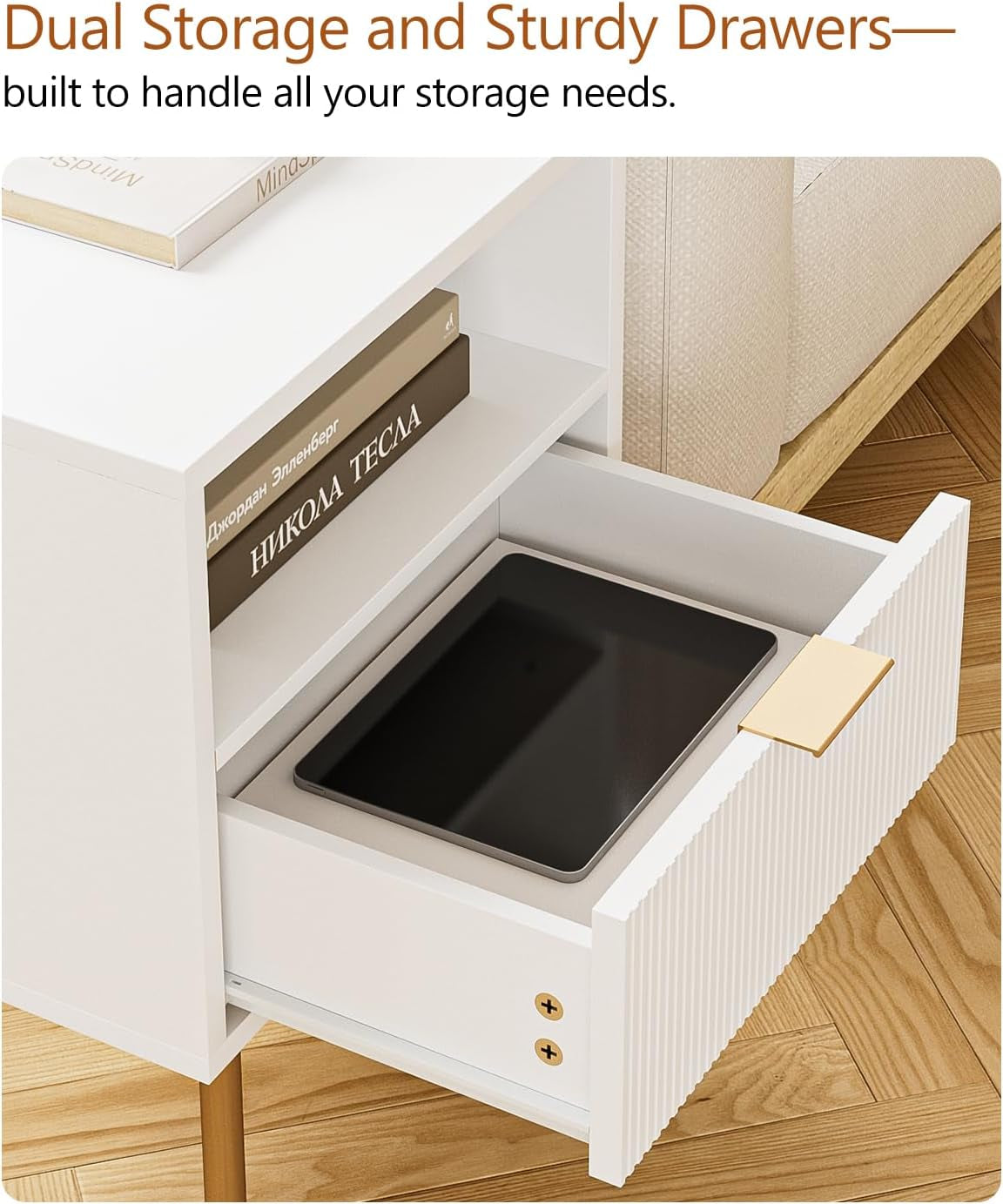 Nightstand,Mid-Century Modern Bedside Table with Storage Drawer and Open Wood Shelf,Small Gold Frame Side Table for Bedroom,Living Room,White