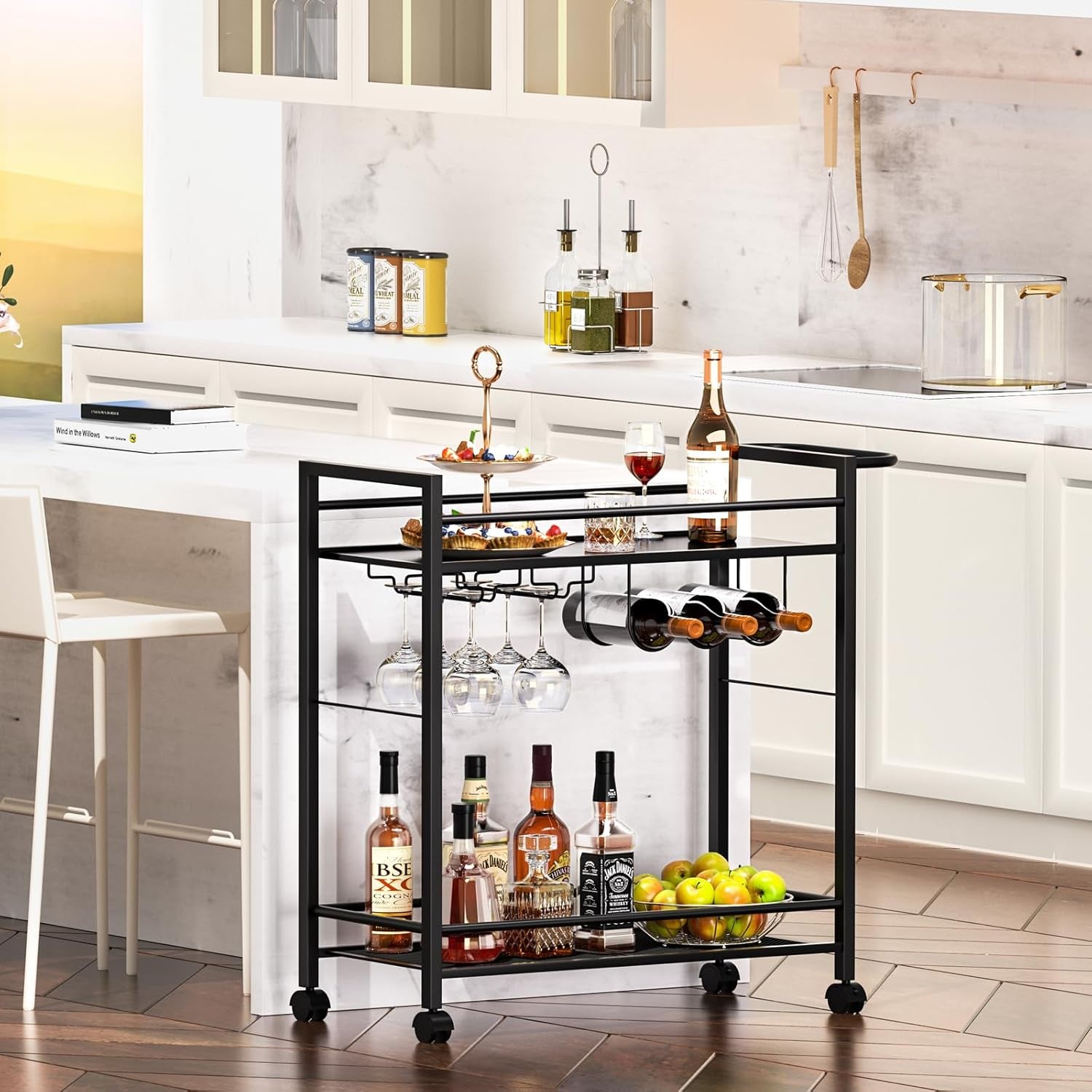 Bar Cart,Home Bar Serving Cart with Storage Shelves, 2 Tier Rolling Beverage Cart with Wheels, Modern Wine Cart with Wine Rack and Glass Holder for Kitchen, Living Room,Dinning Room,Black