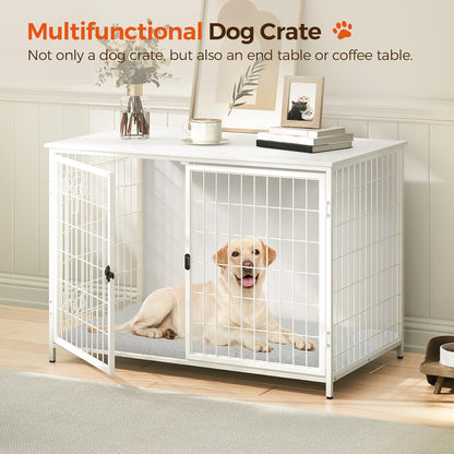 Dog Crate Furniture with Cushion, Wooden Dog Kennel with Double Doors, Heavy Duty Dog Cage for Small/Medium/Large Dogs, Indoor Dog House End Table, 39.4" L, Greige DCHG10701