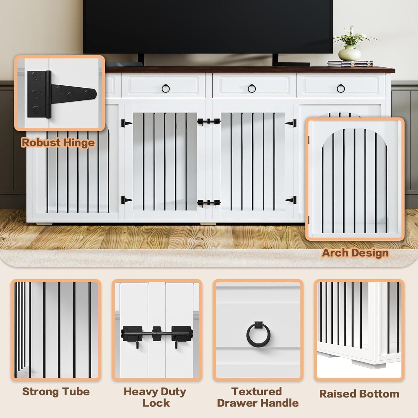 86.6" Large Dog Crate Furniture for 2 Dogs,Xxxl Wooden Furniture-Style Double Dog Crates Kennel Cage TV Stand Table with 4 Drawers Divider Locks,White