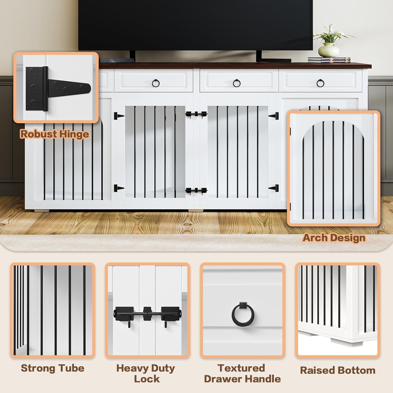 86.6" Large Dog Crate Furniture for 2 Dogs,Xxxl Wooden Furniture-Style Double Dog Crates Kennel Cage TV Stand Table with 4 Drawers Divider Locks,White