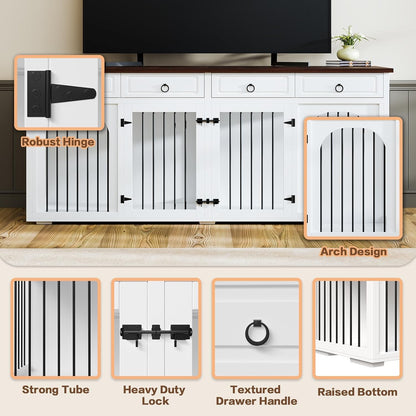 Large Dog Crate Furniture,74.8" Wooden Double Dog Kennel Cage Furniture Indoor for 2 Large Medium Dogs TV Stand with Divider and 2 Drawers,White