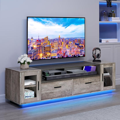 TV Stands for Living Room, Farmhouse TV Stand for 65/70 Inch TV, LED TV Entertainment Center with Storage & Power Outlets, TV Console Cabinet, Rustic Grey