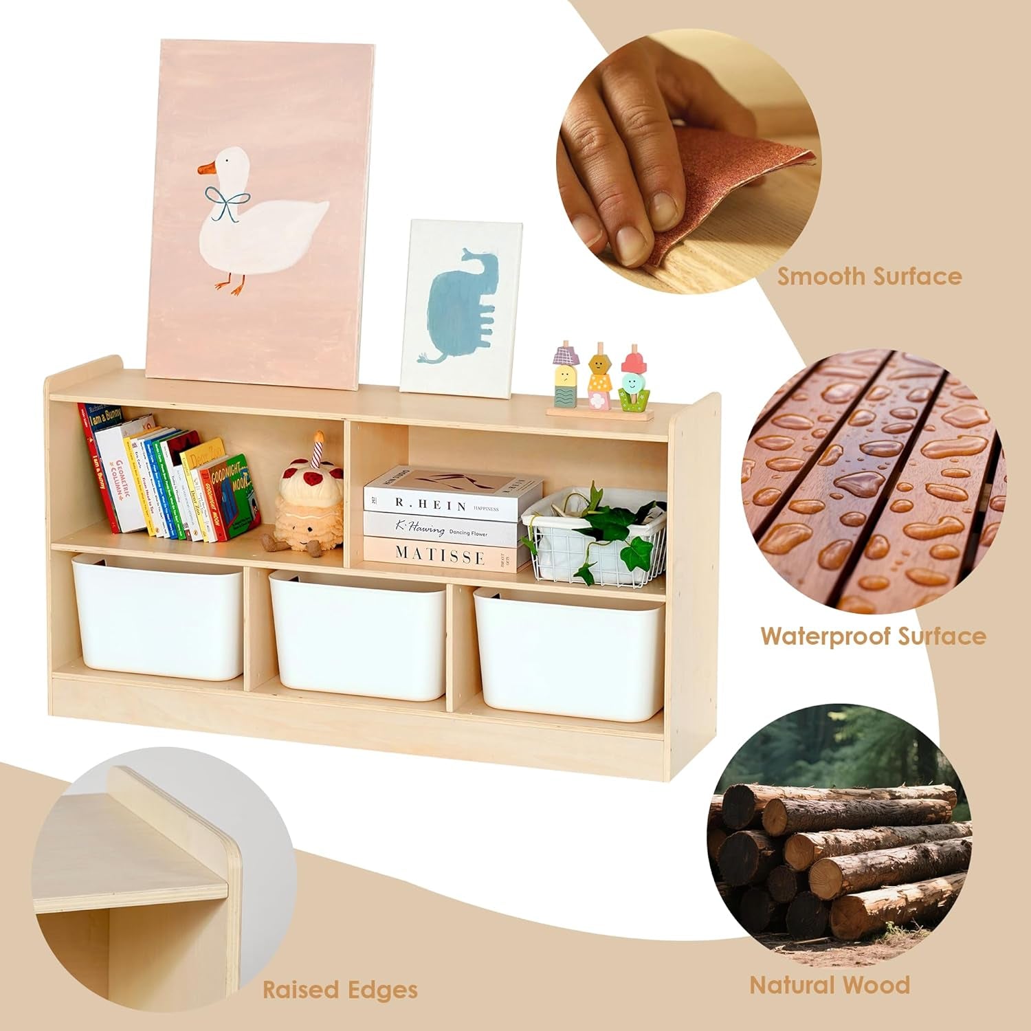 Wooden Toy Shelf for Kids, Montessori Book & Toy Organizer with Open Shelving, 5-Section Customizable Layout for Kids’ Room, Playroom & Classroom