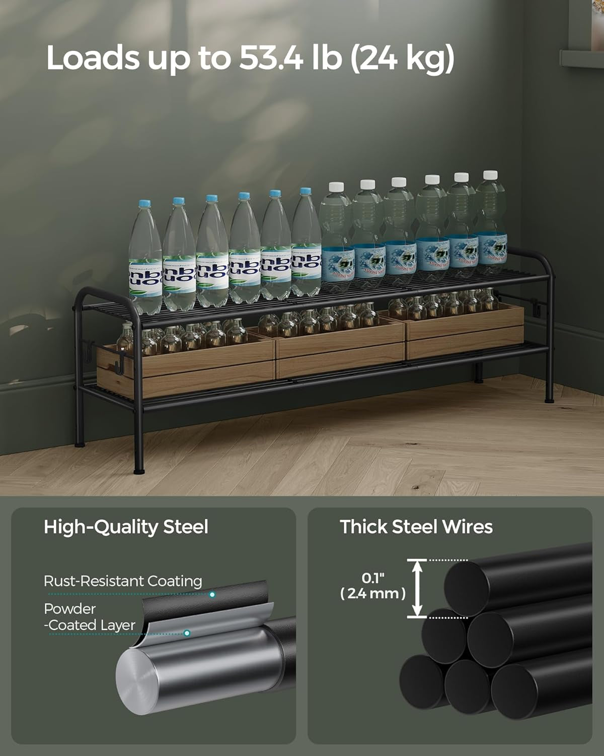 Shoe Rack, 2-Tier Shoe Organizer, Metal Shoe Shelf Storage with 4 Side Hooks, Holds 12 Pairs of Shoes, Height-Adjustable Shoe Rack for Entryway, Hallway, Closet, Easy Assembly, Ink Black