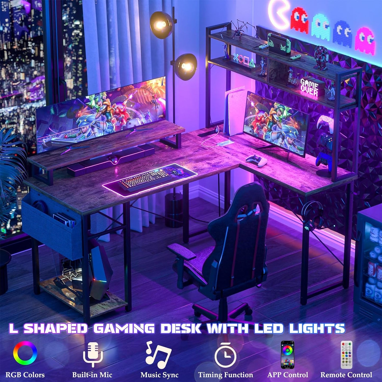 Small L Shaped Gaming Desk with LED Lights & Power Outlets, Reversible L-Shaped Computer Desk with Monitor Stand & Storage Shelf, Corner Desks Home Office Desk with Storage Bag, Rustic Brown