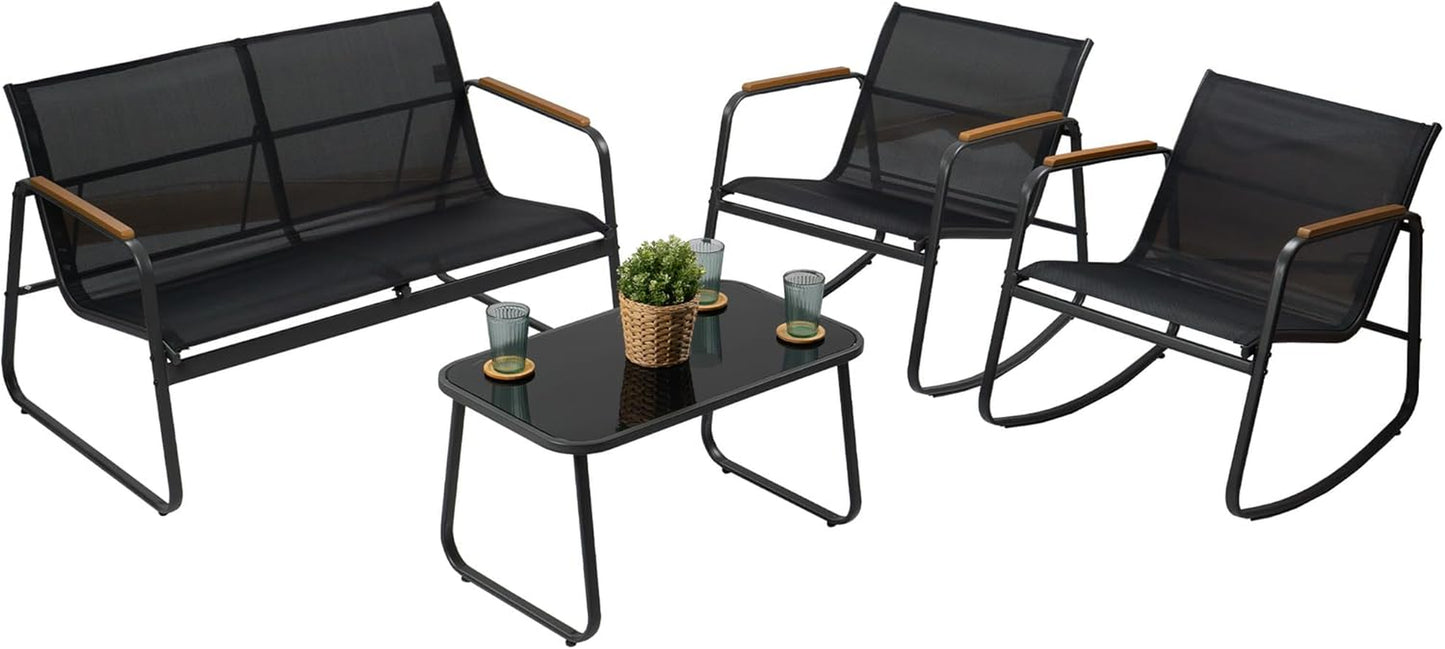 4-Piece Outdoor Patio Furniture Set with Textilene Chairs, Metal Conversation Set, Tempered Glass Coffee Table, Powder-Coated Steel Frame for Garden, Poolside, Backyard Black
