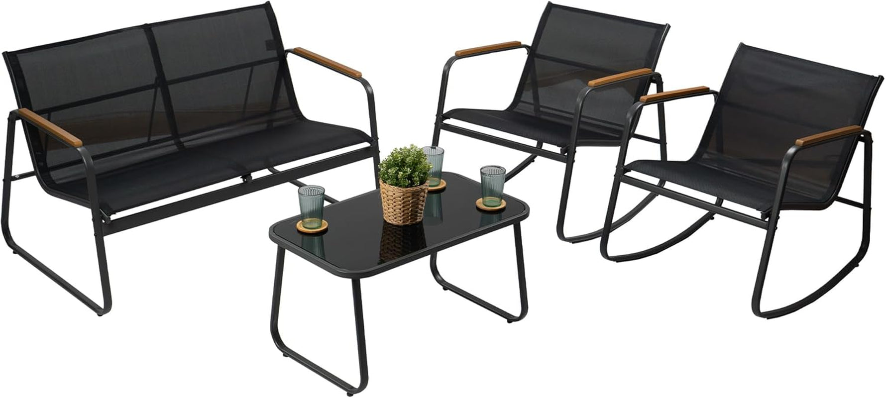 4-Piece Outdoor Patio Furniture Set with Textilene Chairs, Metal Conversation Set, Tempered Glass Coffee Table, Powder-Coated Steel Frame for Garden, Poolside, Backyard Black