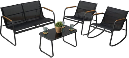 4-Piece Outdoor Patio Furniture Set with Textilene Chairs, Metal Conversation Set, Tempered Glass Coffee Table, Powder-Coated Steel Frame for Garden, Poolside, Backyard Black