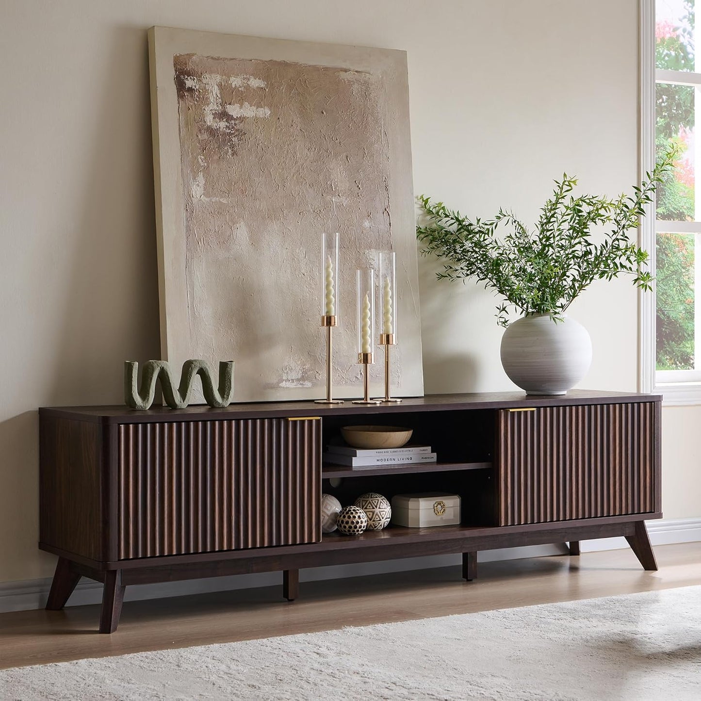 70" Mid Century Modern Fluted TV Stand, Entertainment Center, Sideboard, Media Console for Living Room with 2 Soft Close Door/Adjustable Shelves (Dark Walnut)