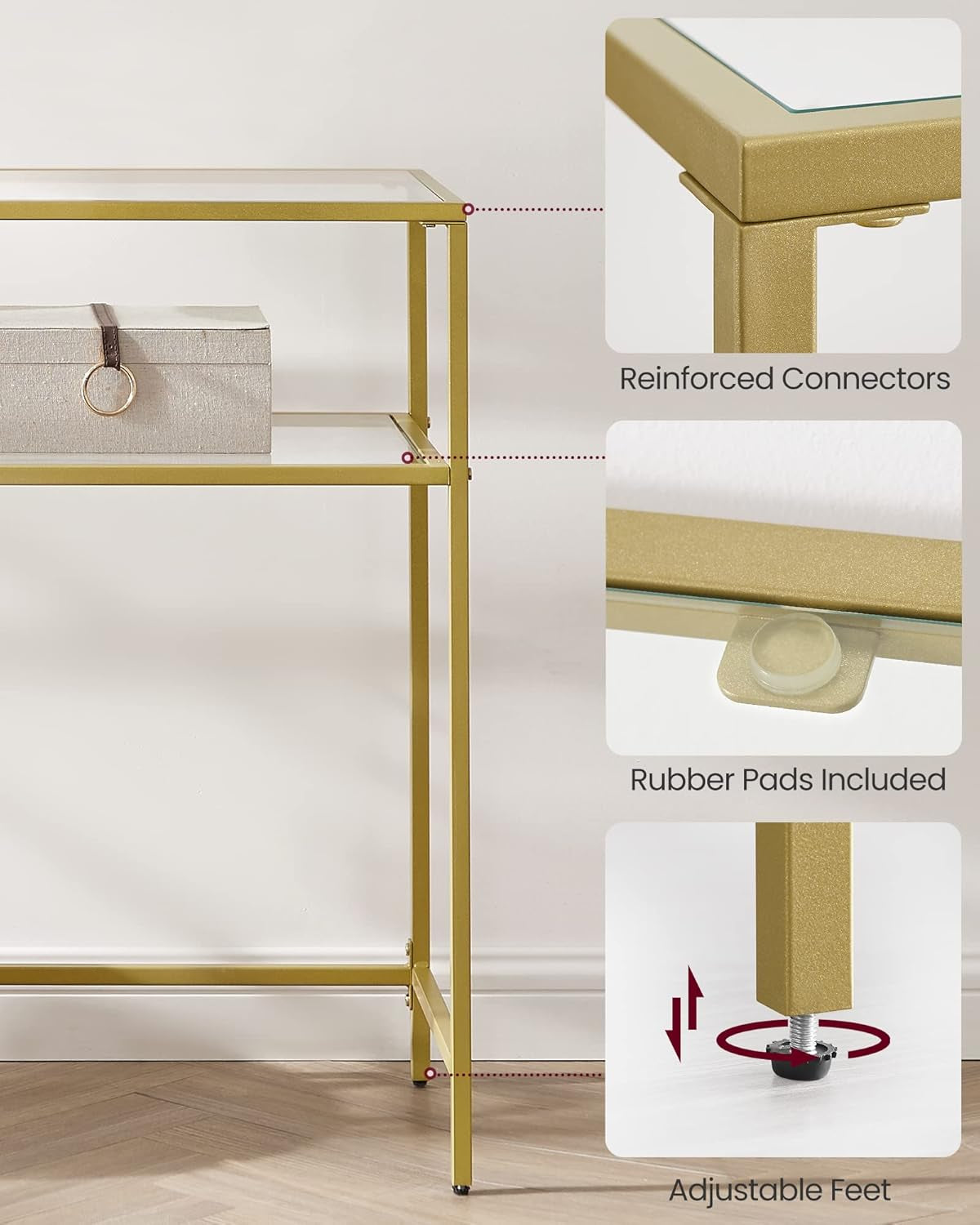 39.4 Inch Console Sofa Table, Modern Entryway Table, Tempered Glass Table, Metal Frame, 2 Shelves, Adjustable Feet, for Living Room, Hallway, Gold Color ULGT025A01