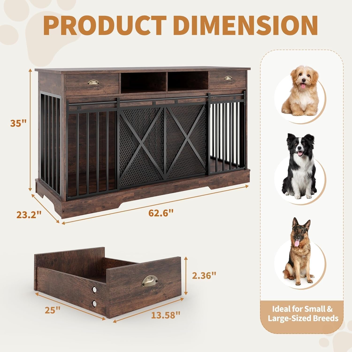 63 Inch Dog Crate Furniture with Double Doors, Modern Farmhouse Indoor Kennel for Small to Medium Dogs, Dual Drawer Storage TV Stand, Media Console and Sideboard, Versatile Pet Cabinet