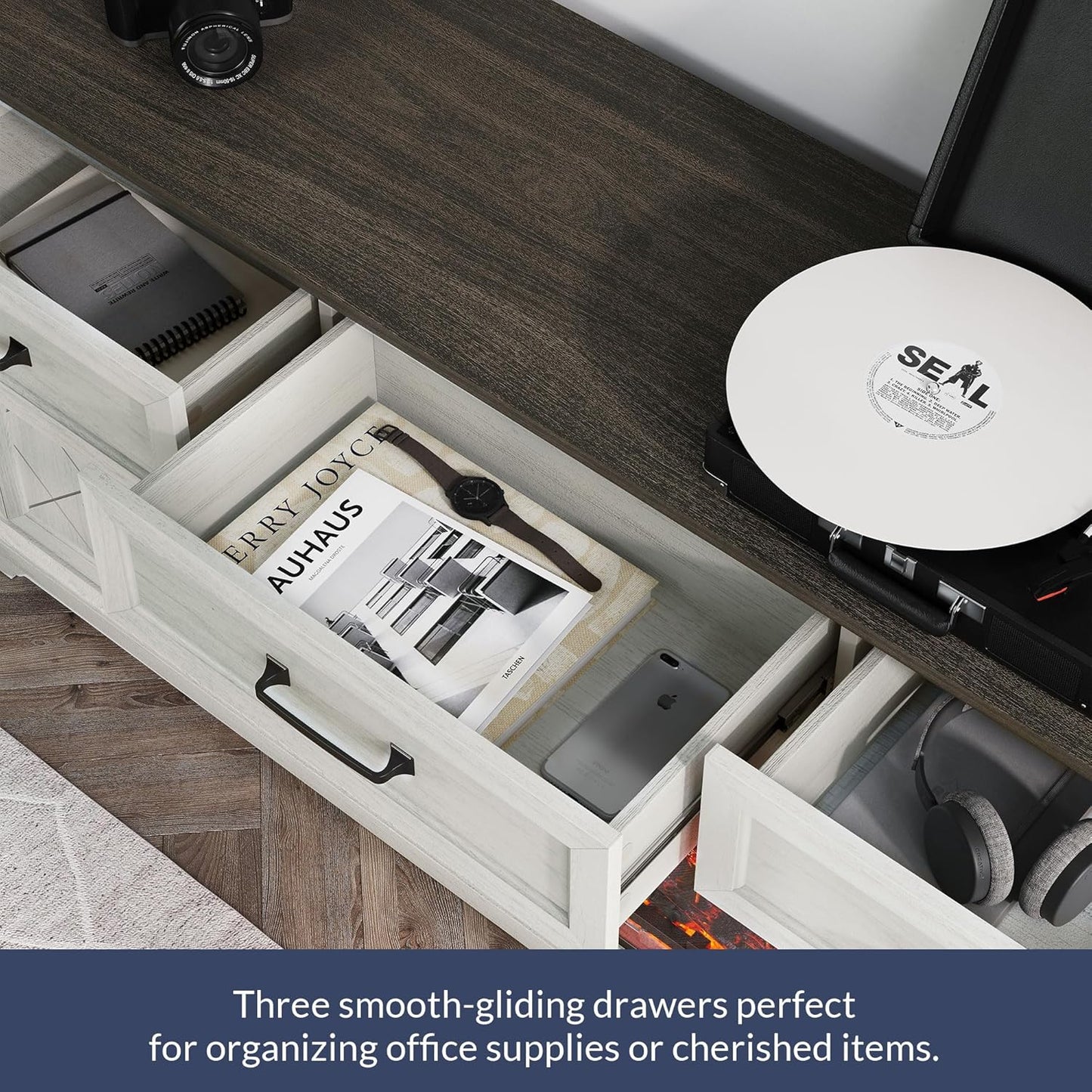 68" Farmhouse TV Stand with Electric Fireplace & Crackling Sound, Media Console with Storage Cabinets & 3 Drawers for Tvs up to 75", Rustic Entertainment Center for Living Room(White)