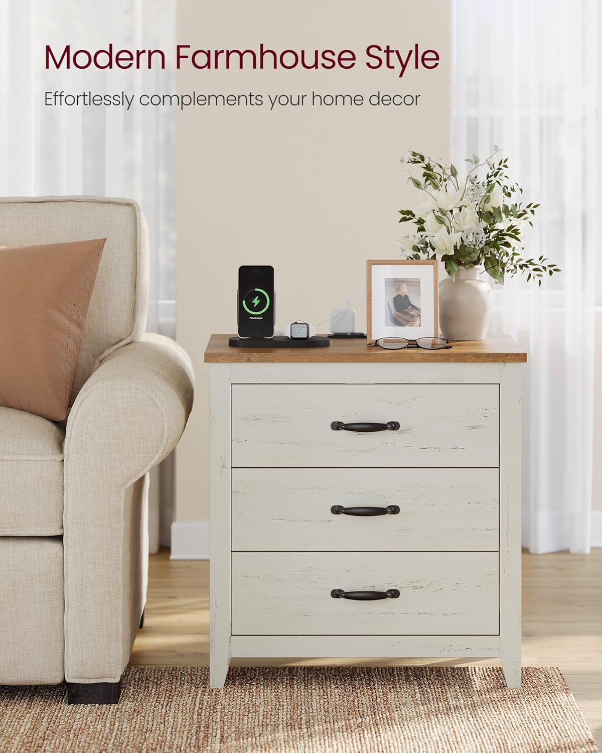 LIRY Collection - Farmhouse Nightstand with Charging Station, Bedside Table, Side End Table with 3 Drawers, for Bedroom, Rustic White and Honey Brown ULET679W01