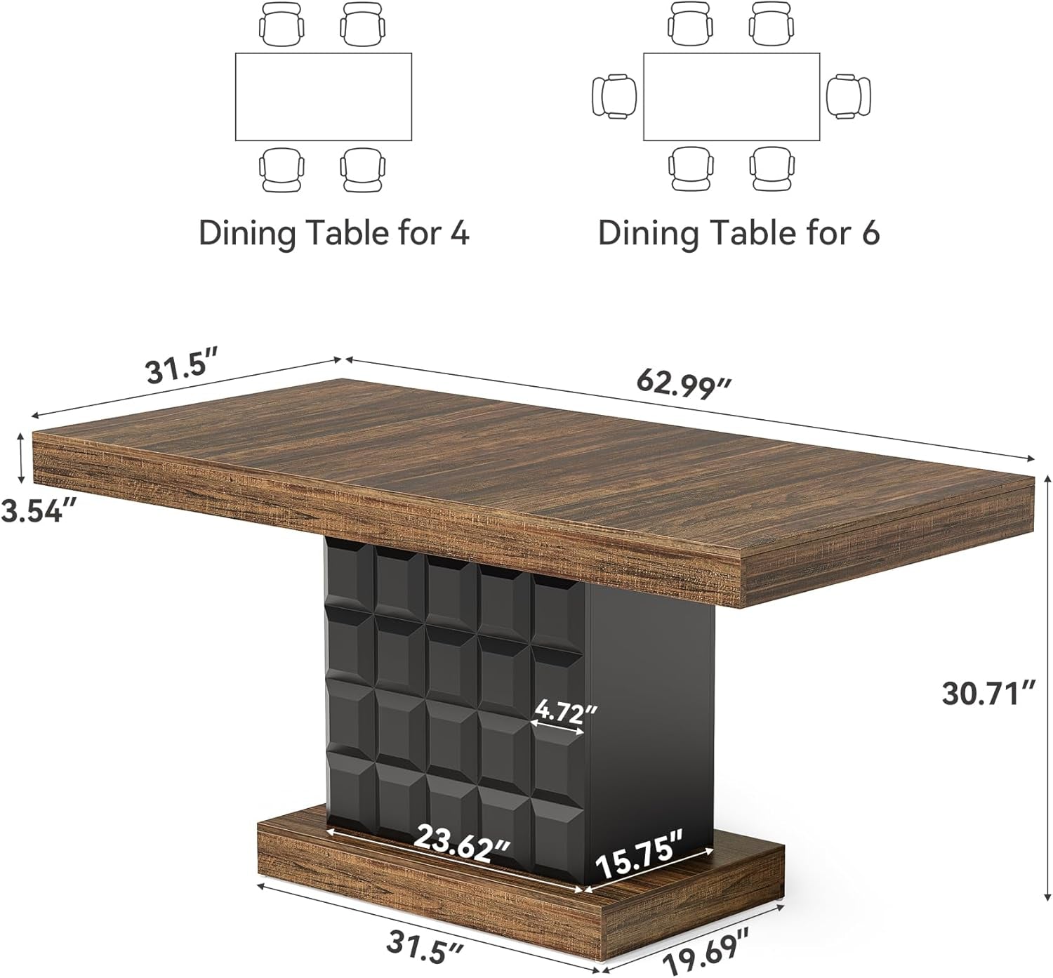 63" Modern Dining Table, Rectangular Dinner Table for 4-6, Farmhouse Kitchen Table, Sturdy Wood Pedestal Base for Kitchen/Dining Room, Rustic Brown & Black