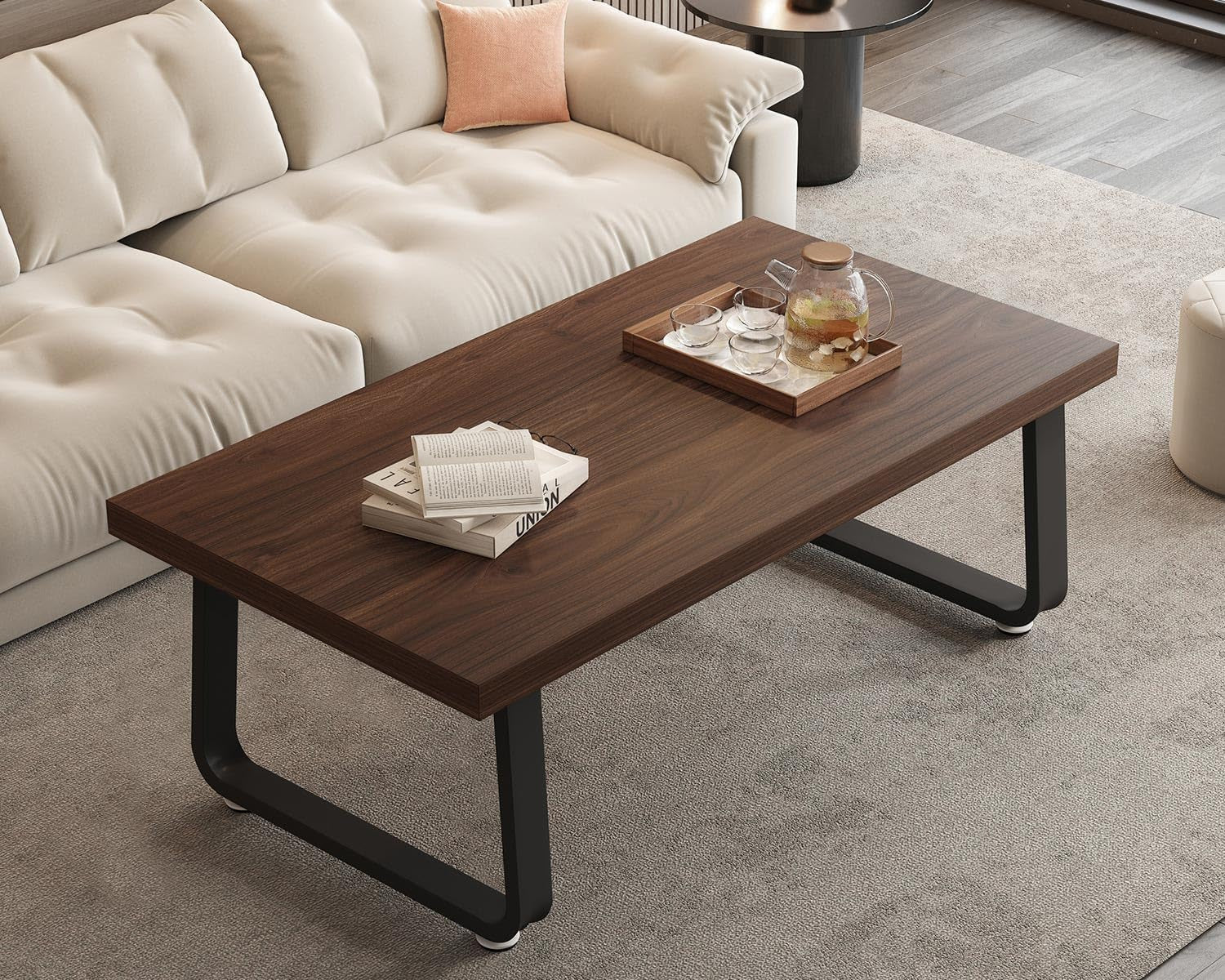 Rustic Walnut Coffee Table, 39” Mid Century Modern Center Table, Rectangle Industrial Living Room Coffee Table, Simple Farmhouse Wood and Metal Tea Coffee Tables for Home Bedroom, Walnut, 39 In