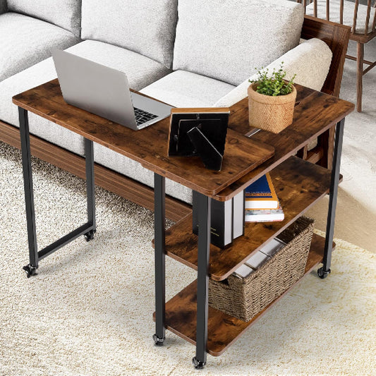 360° Free Rotating Sofa Side Table, Patented Mobile Couch Desk with 2-Tier Storage Shelves, Movable Laptop Table with Sturdy Metal Frame, Couch Snack Table for Home Office