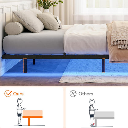 Floating Bed Frame Full Size, Bed Frame with Charging Station and LED Lights, Industrial Style Metal Platform Full Bed, Soundless, No Box Springs Needed, Black