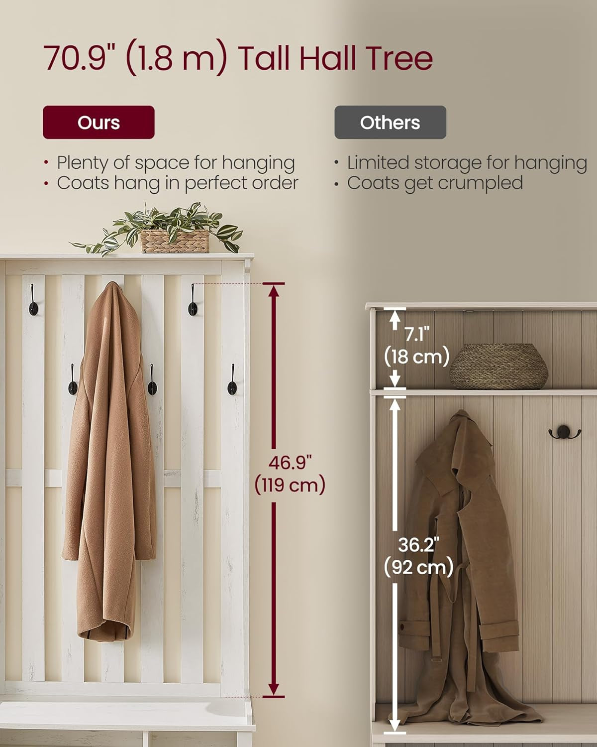 Hall Tree with Bench and Shoe Storage, Coat Rack with Shoe Bench, 7 Double Hooks for Jackets, Hats, Entryway, Bedroom, Living Room, 13.8 X 31.9 X 70.9 Inches, Rustic White UHSR414W01