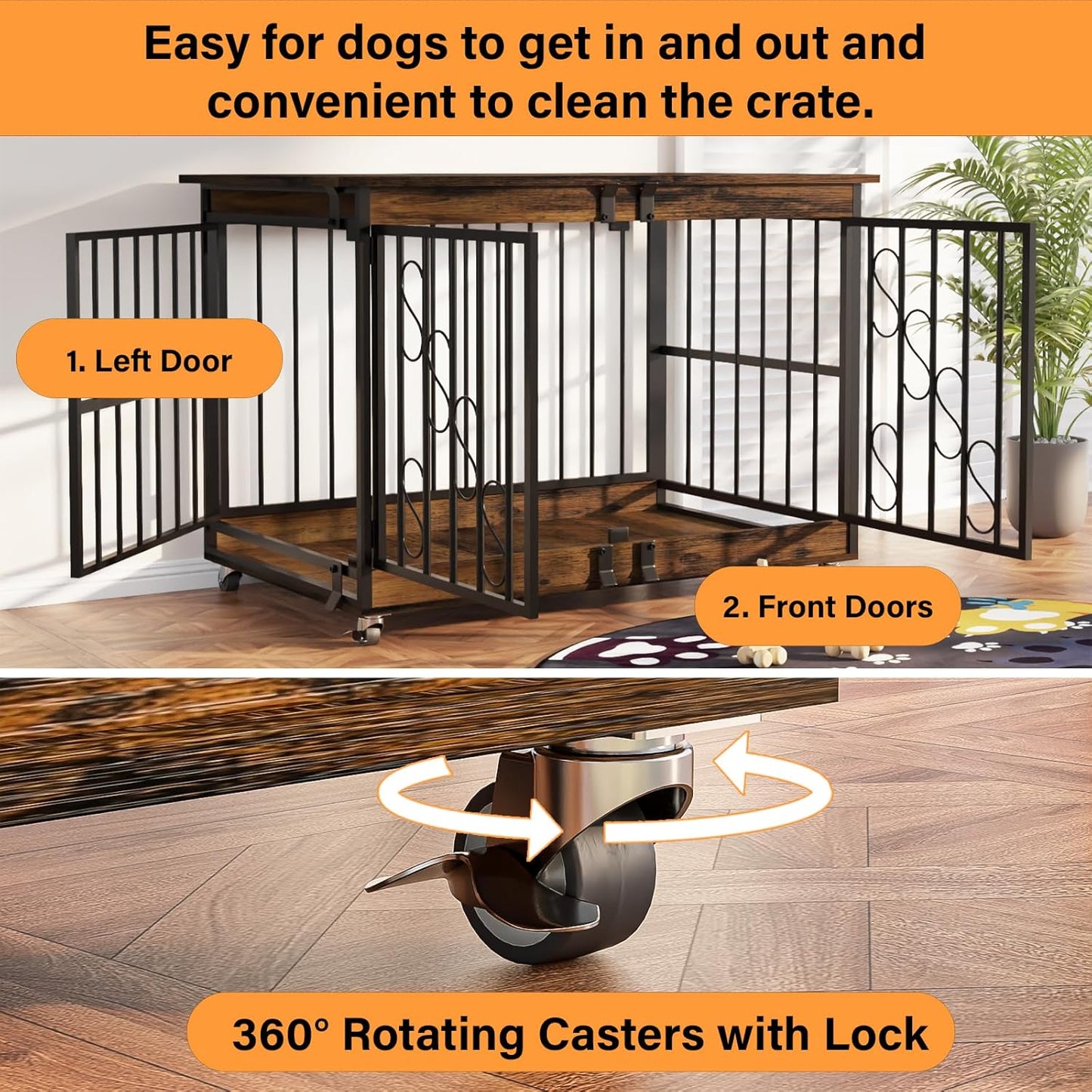 Dog Crate Furniture, 48 Inch Dog Crates for Medium/Large Breed, Farmhouse Wood Metal Kennel Indoor Heavy Duty Pet Cage with Caster Wheels (Brown)
