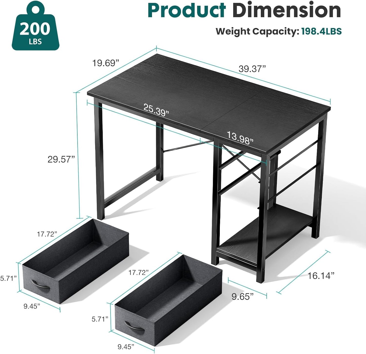 Small Computer Desk with 2 Drawers 40 Inch Home Office Desk Modern Simple Study Writing Table with Storage Shelf for Bedroom, Black