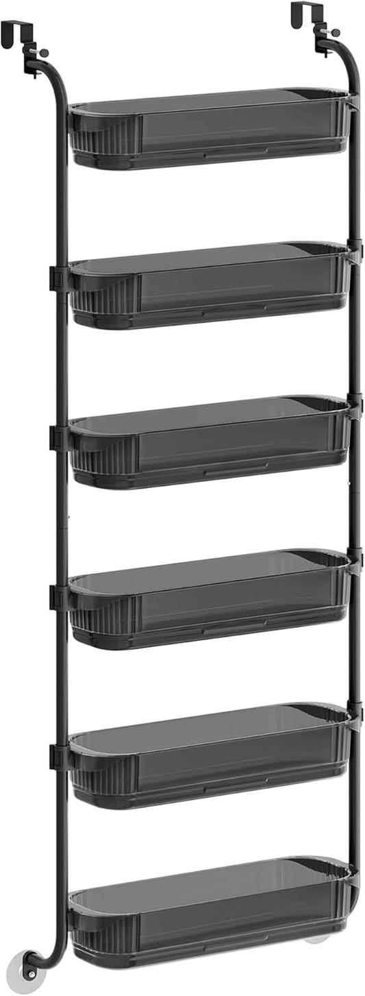 over the Door Pantry Organizer, 6-Tier Kitchen Pantry Door Organizer with Adjustable Tall Baskets, Hanging Spice Rack, for Bedroom Bathroom Laundry Room, Transparent Black UKCS046BH01