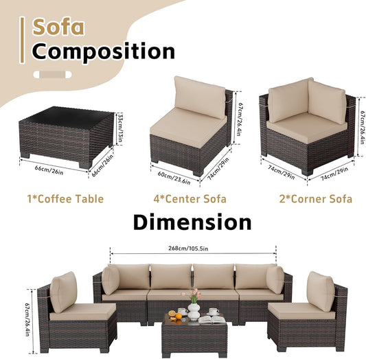 7Pcs Outdoor Patio Furniture Sets,Rattan Conversation Sectional Set,Manual Weaving Wicker Patio Sofa with Tea Table