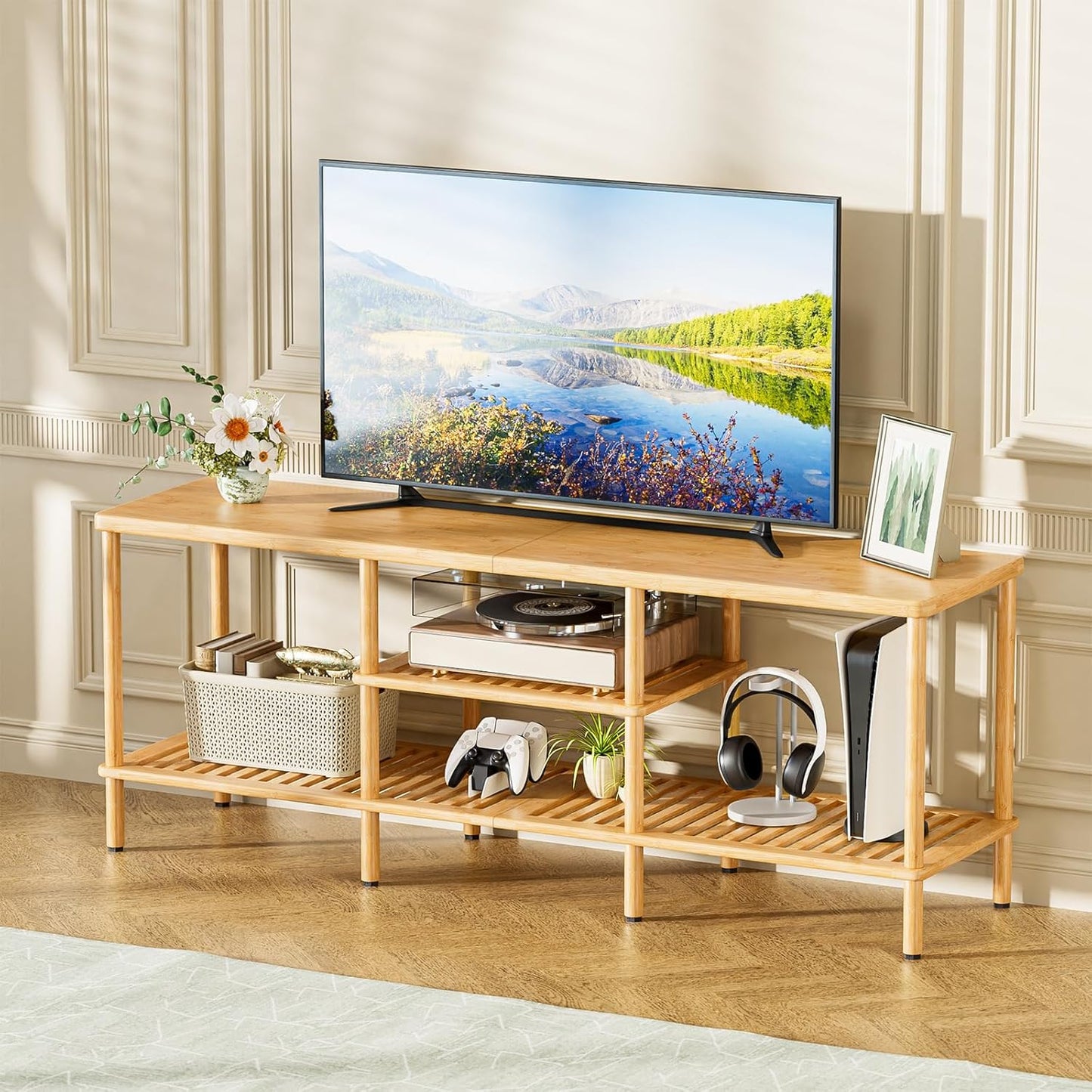 Bamboo TV Stand for 60 65 Inch TV, Entertainment Center with 3 Tier Open Storage Shelf, Wood TV Table for Living Room, Bedroom