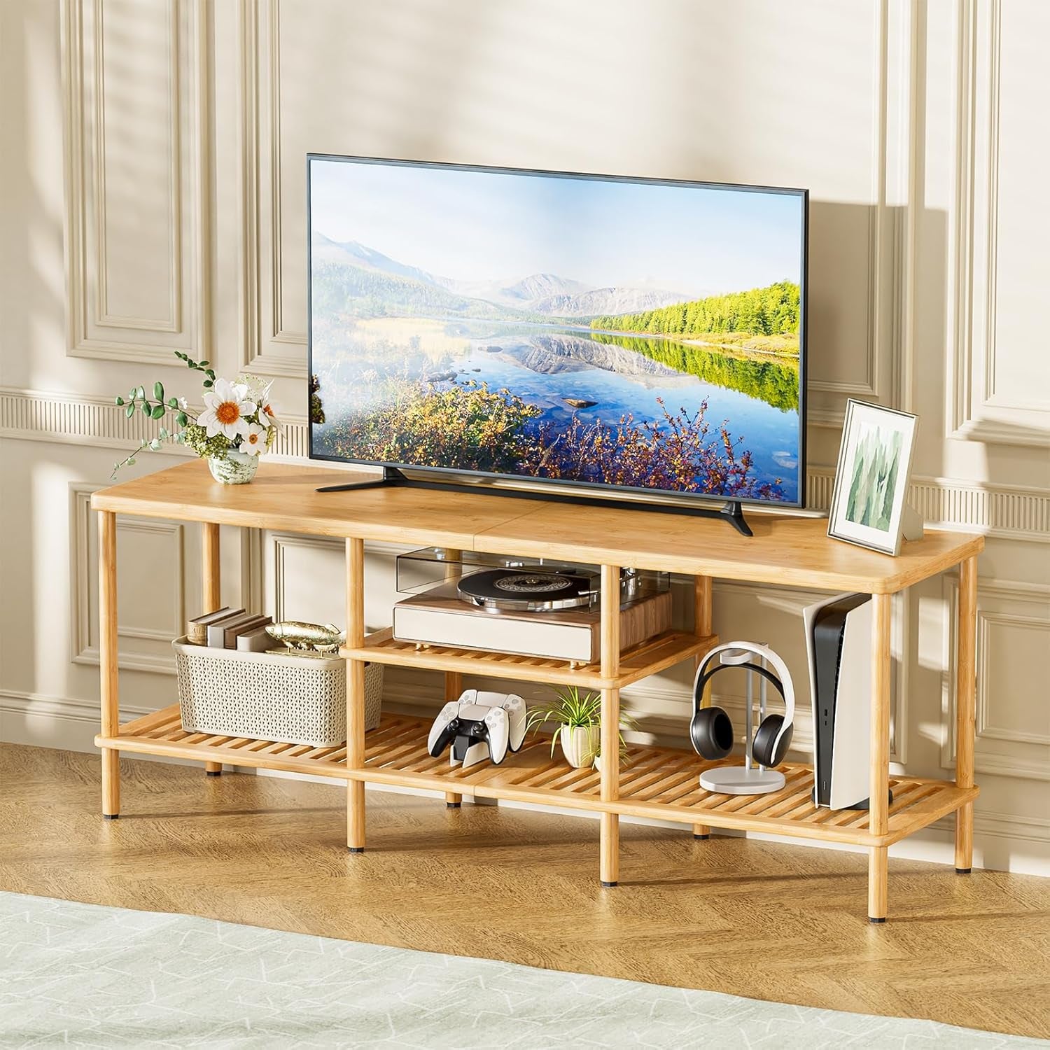 Bamboo TV Stand for 60 65 Inch TV, Entertainment Center with 3 Tier Open Storage Shelf, Wood TV Table for Living Room, Bedroom