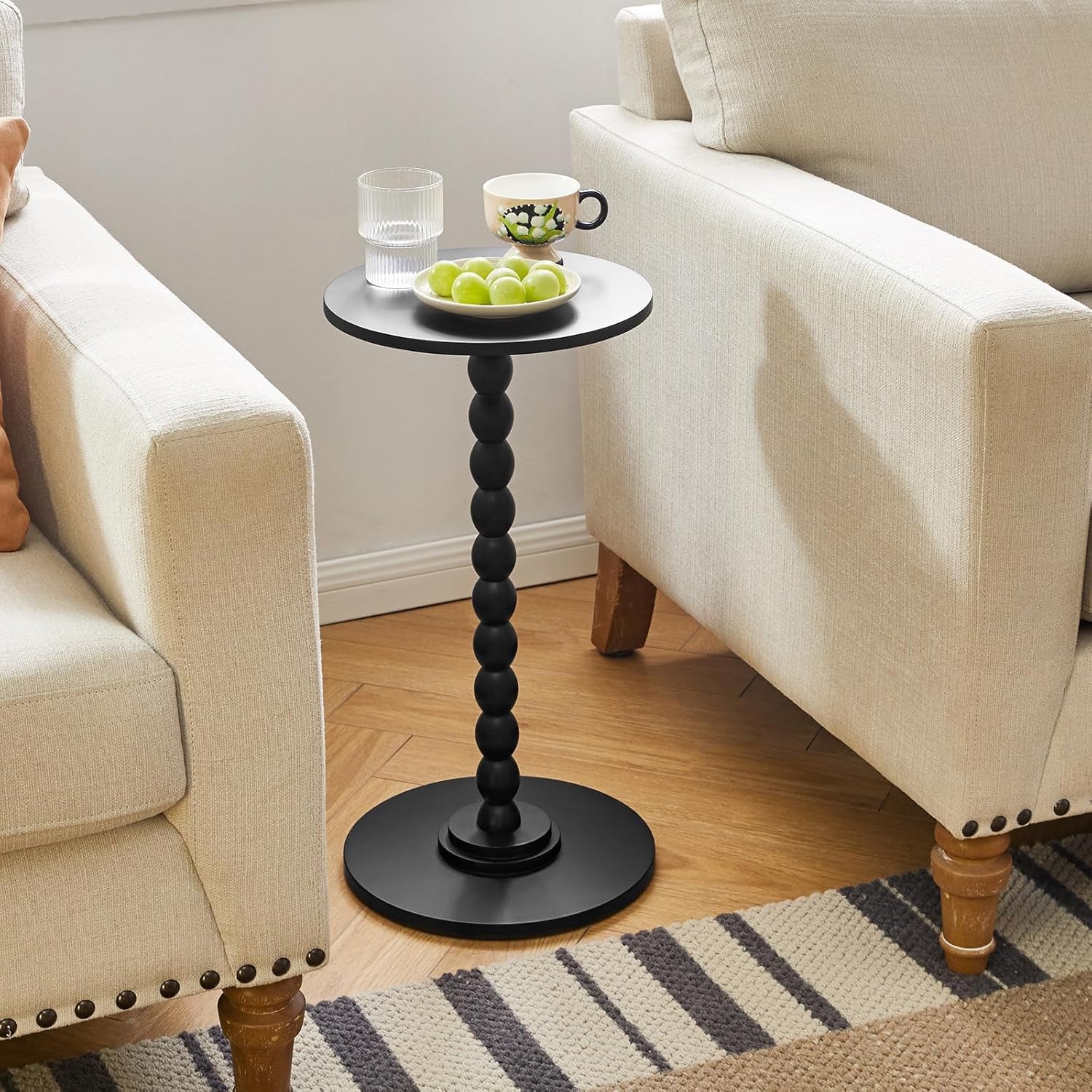 Round Side Table, Solid Wood Drink Table, Modern Minimalist Bedside Table, Living Room Sofa End Table, Bedroom Small Corner Table for Small Spaces Black YD-RST001B