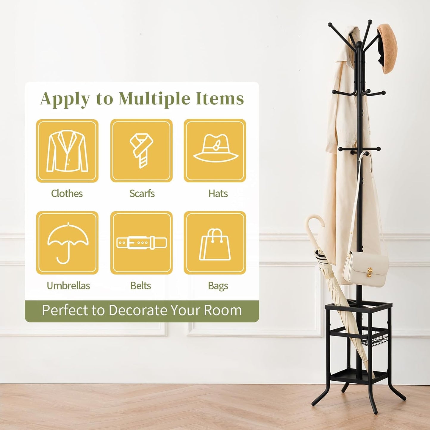 Coat Rack Freestanding - Coat Tree with Umbrella Holder, Metal Coat Rack Stand with 12 Hooks, Modern Coat Hanger Stand for Entryway, Purse Rack Hat Rack Stand for Living Room Bedroom Office