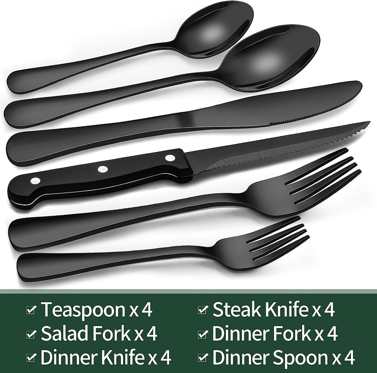 24-Piece Black Silverware Set with Steak Knives, Flatware for 4, Food-Grade Stainless Steel Tableware Cutlery Set, Mirror Finished Utensil Sets Home Restaurant