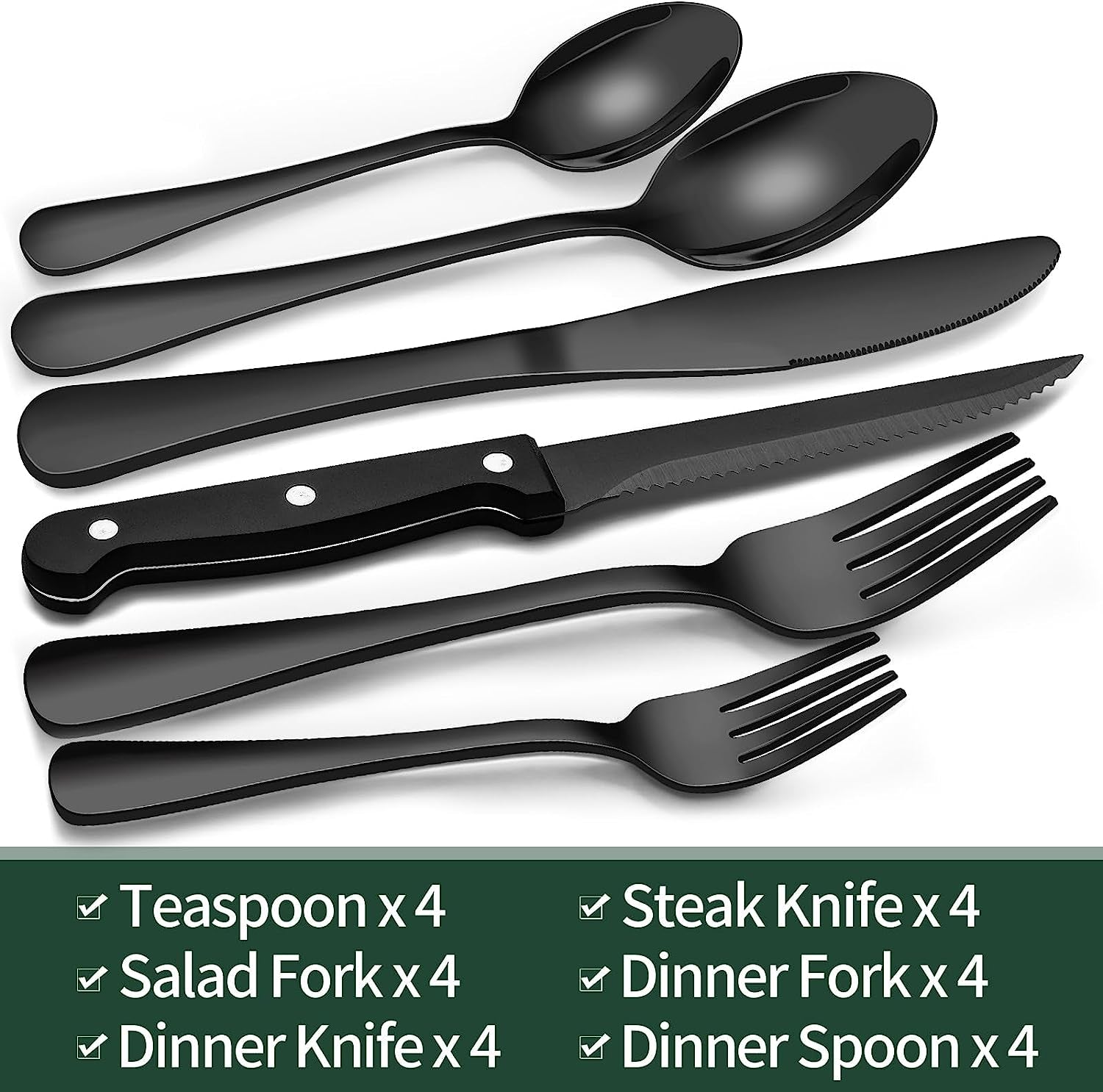 24-Piece Black Silverware Set with Steak Knives, Flatware for 4, Food-Grade Stainless Steel Tableware Cutlery Set, Mirror Finished Utensil Sets Home Restaurant