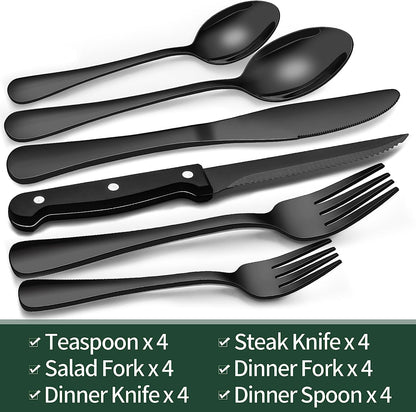 24-Piece Black Silverware Set with Steak Knives, Flatware for 4, Food-Grade Stainless Steel Tableware Cutlery Set, Mirror Finished Utensil Sets Home Restaurant