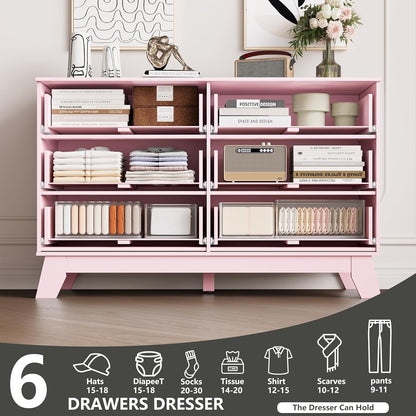6 Drawer Dresser for Bedroom, Fluted Dressers Chest of Drawers with Gold Handle, Mid Century Modern Dresser for Closet, Wood Closet Storage Organizer Furniture for Bedroom, Living Room, Hallway, Pink