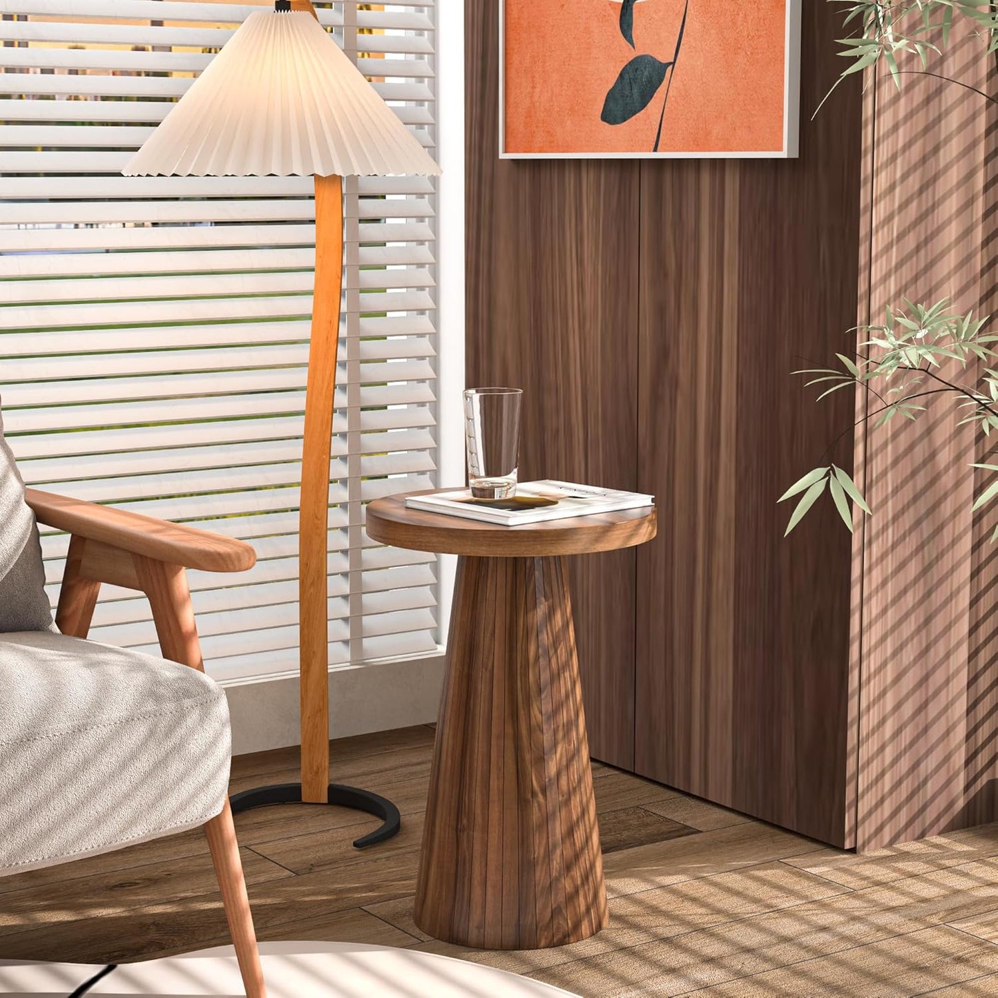 Small round Pedestal Side Table, Wooden End Table for Living Room, Fluted Drink Table for Small Space, Modern Plant Stand Accent Table for Sofa Couch, 13.6 Inch (Walnut)