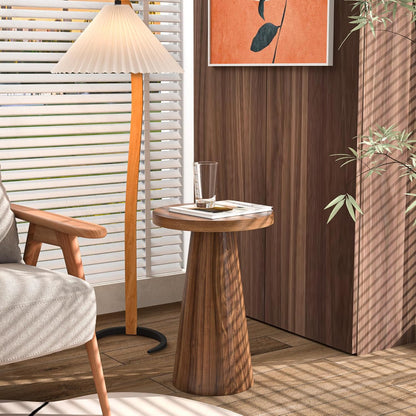Small round Pedestal Side Table, Wooden End Table for Living Room, Fluted Drink Table for Small Space, Modern Plant Stand Accent Table for Sofa Couch, 13.6 Inch (Walnut)