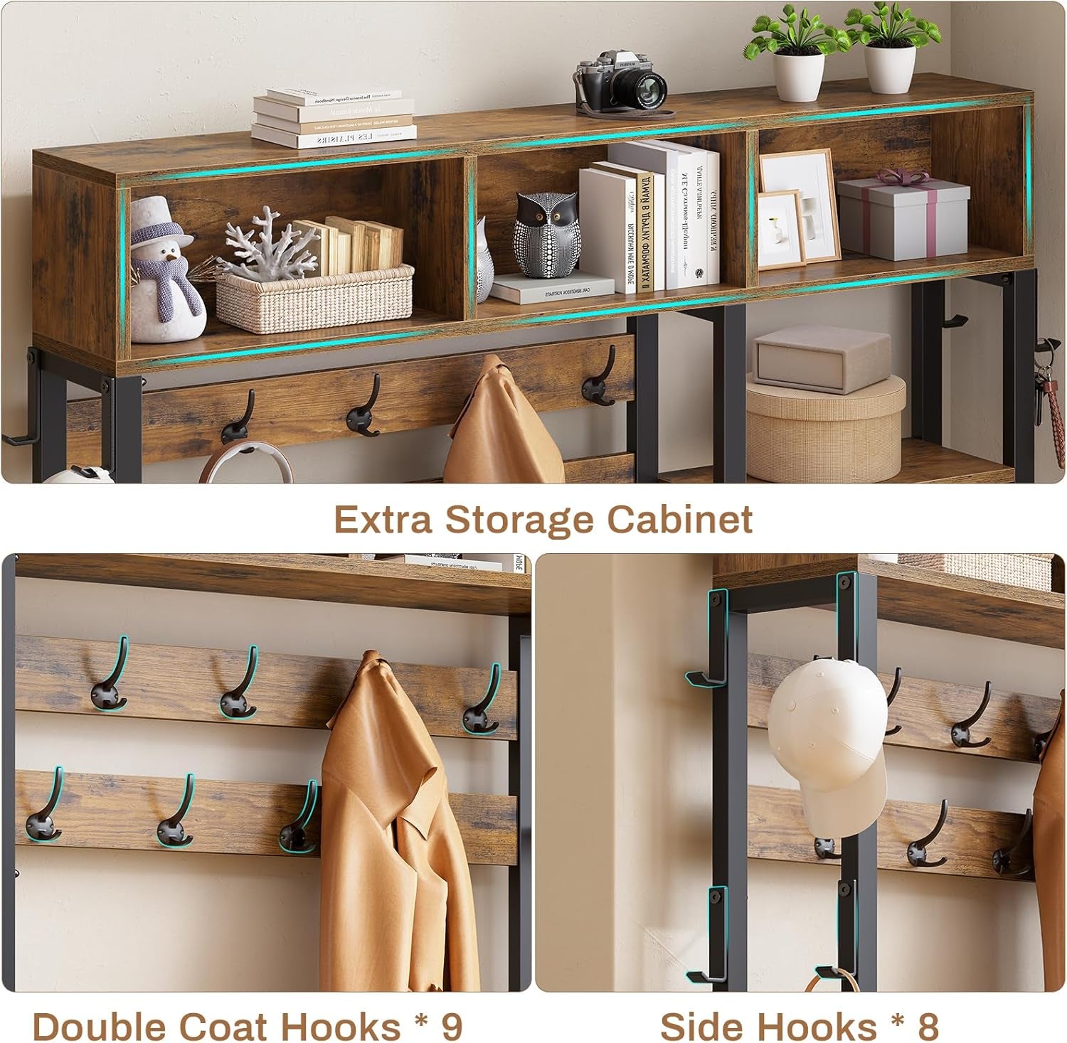 Hall Tree with Bench and Shoe Storage, 7-In-1 Entryway Bench with Coat Rack, 3 Storage Cubbies, 3 Open Shelves, 17 Coat Hooks, 2 Fabric Drawers (Rustic Brown)