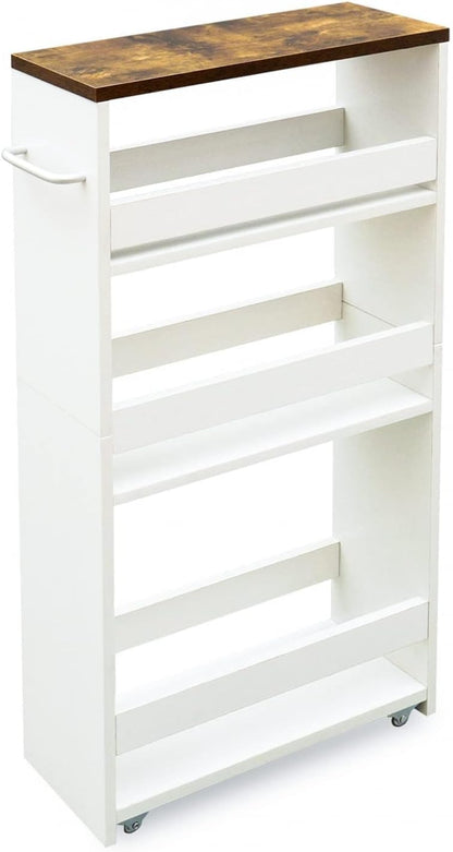 4 Tier White Slim Storage Cart with Handle, Slide Out Storage Rolling Utility Cart Mobile Shelving Unit Organizer Trolley for Small Spaces Kitchen Laundry Narrow Places