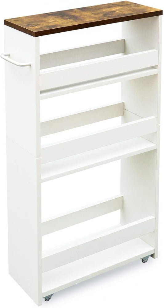 4 Tier White Slim Storage Cart with Handle, Slide Out Storage Rolling Utility Cart Mobile Shelving Unit Organizer Trolley for Small Spaces Kitchen Laundry Narrow Places
