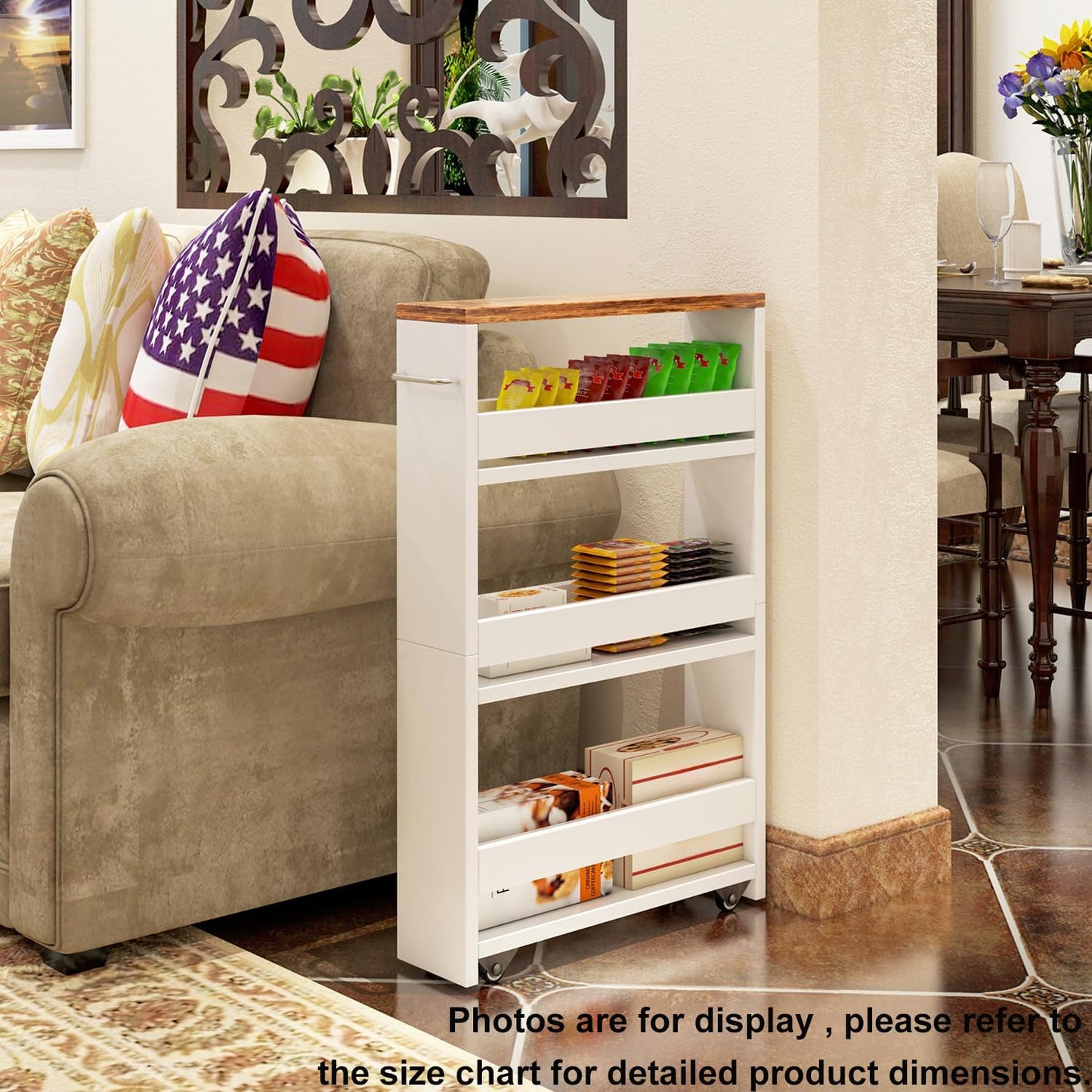 4 Tier White Slim Storage Cart with Handle, Slide Out Storage Rolling Utility Cart Mobile Shelving Unit Organizer Trolley for Small Spaces Kitchen Laundry Narrow Places