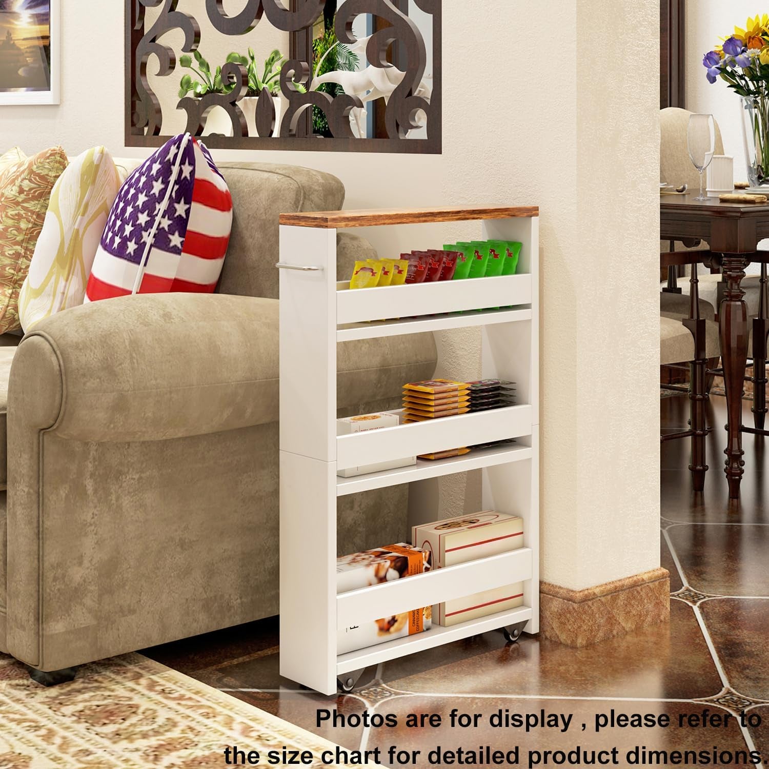 4 Tier White Slim Storage Cart with Handle, Slide Out Storage Rolling Utility Cart Mobile Shelving Unit Organizer Trolley for Small Spaces Kitchen Laundry Narrow Places