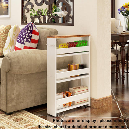 4 Tier White Slim Storage Cart with Handle, Slide Out Storage Rolling Utility Cart Mobile Shelving Unit Organizer Trolley for Small Spaces Kitchen Laundry Narrow Places