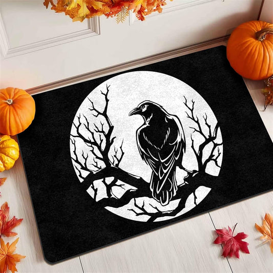 Halloween Door Mat Entryway Rug Black Crow Sitting at Night Welcome Matt Front Porch Rugs Doormat Outdoor Entrance Outdoor Rug Welcome Floor Mats, 18" X 30"Inch