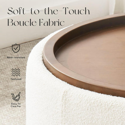 30 Inch round Storage Ottoman Coffee Table, Modern Boucle Ottoman with Lift-Off Lid and Solid Wood Legs for Living Room, Bedroom, Corners, Apartments (Beige)