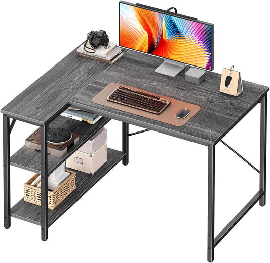 L Shaped Desk, 39 Inches Computer Desk with Reversible Storage Shelves, for Gaming Corner Home Office Writing Study, Metal Frame, Gray