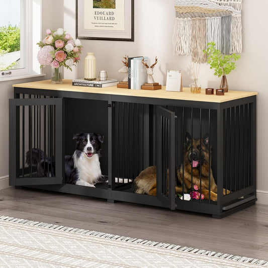 Large Double Dog Crate Furniture, 70.9" XL Wooden Dog Kennel House with Divider & Trays, for Large or 2 Medium Breeds Indoor, Black