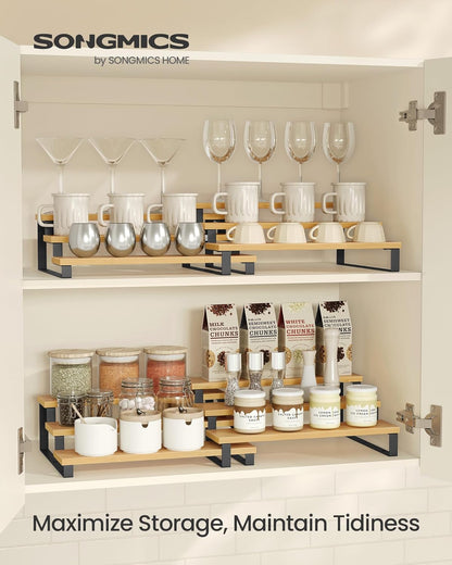 Display Risers, Set of 2 Engineered Wood Perfume Organizer Stand, 3-Tier Cupcake Stand Holder, Spice Rack, Shelf Risers for Figures, Dessert Shelves, Natural Beige and Ink Black UKCS016N01